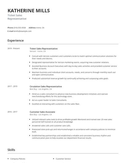 Ticket Sales Representative Resume