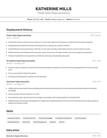 Ticket Sales Representative Resume