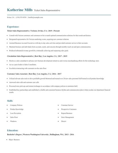 Ticket Sales Representative Resume