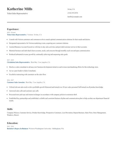 Ticket Sales Representative Resume