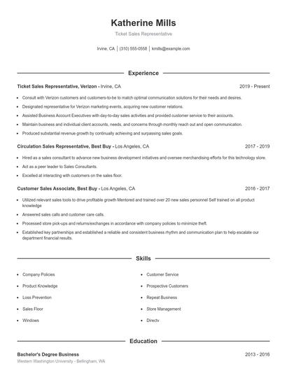 Ticket Sales Representative Resume
