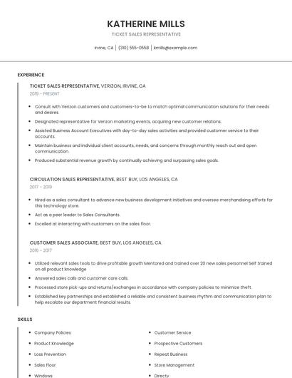 Ticket Sales Representative Resume