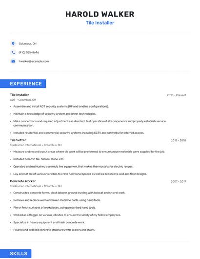 Tile Installer Resume