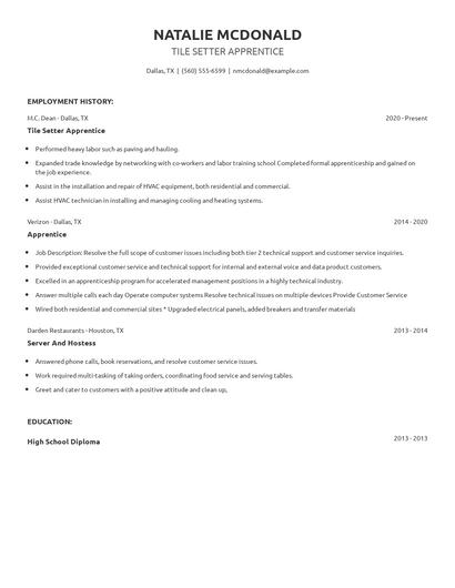 Tile Setter Apprentice Resume