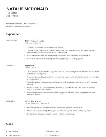 Tile Setter Apprentice Resume