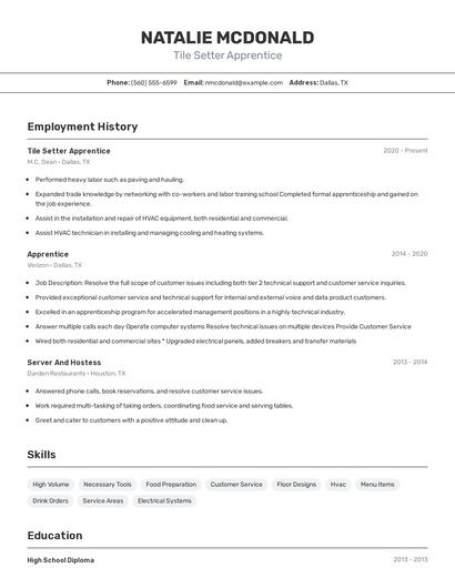 Tile Setter Apprentice Resume