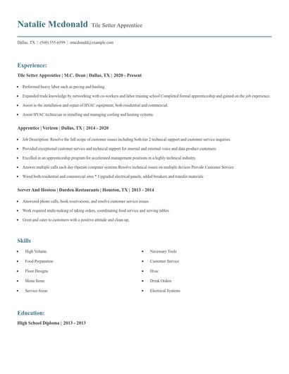 Tile Setter Apprentice Resume
