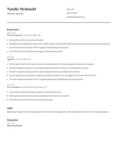 Tile Setter Apprentice Resume