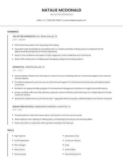 Tile Setter Apprentice Resume
