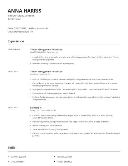 Timber Management Technician Resume