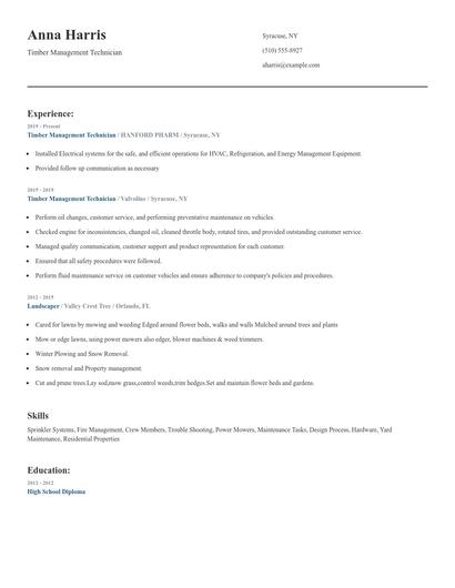 Timber Management Technician Resume