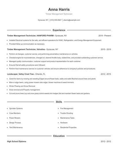 Timber Management Technician Resume