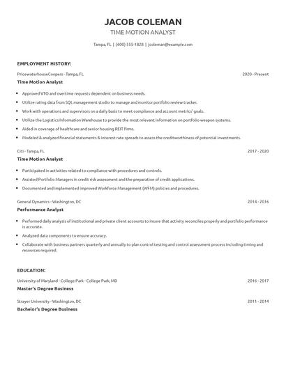 Time Motion Analyst Resume