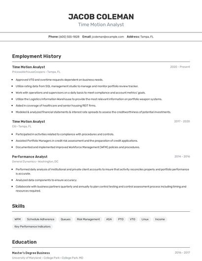 Time Motion Analyst Resume