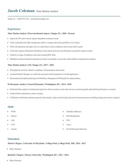 Time Motion Analyst Resume