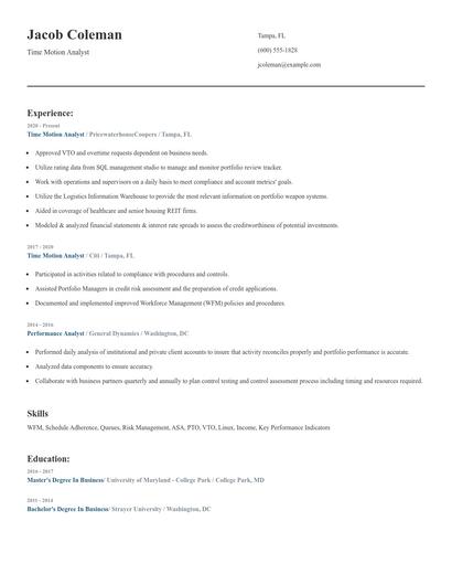 Time Motion Analyst Resume