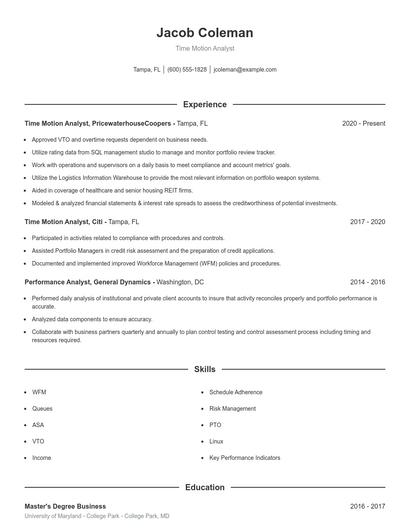 Time Motion Analyst Resume