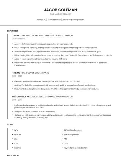Time Motion Analyst Resume
