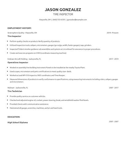 Tire Inspector Resume