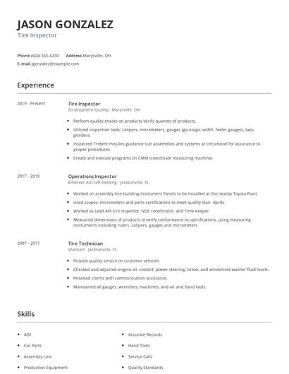 Tire Inspector Resume