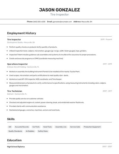 Tire Inspector Resume