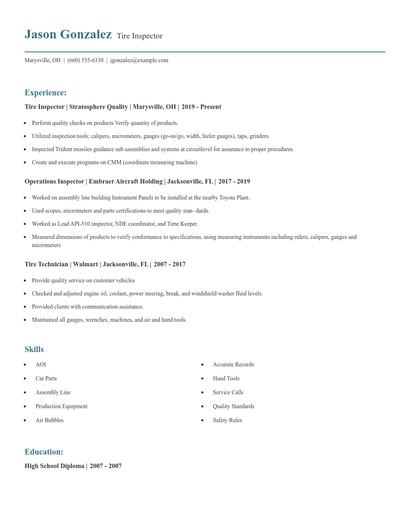 Tire Inspector Resume