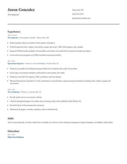 Tire Inspector Resume