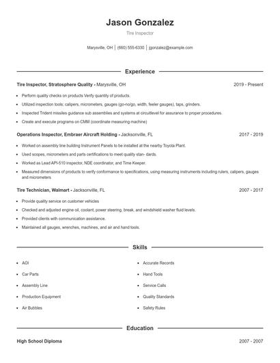 Tire Inspector Resume