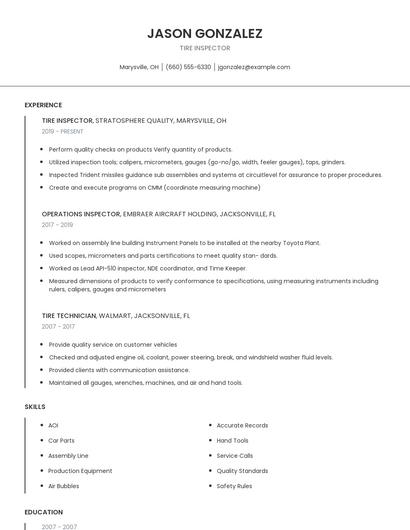 Tire Inspector Resume