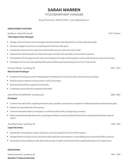 Title Department Manager Resume