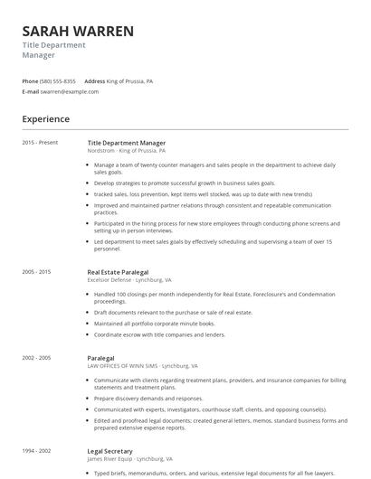 Title Department Manager Resume