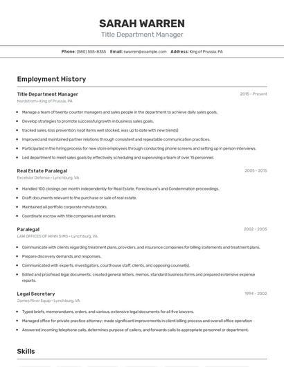 Title Department Manager Resume