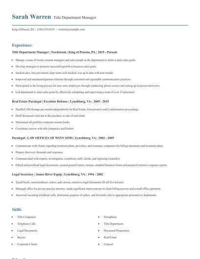 Title Department Manager Resume