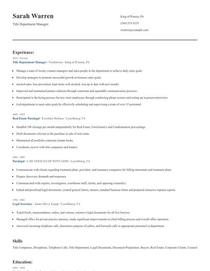 Title Department Manager Resume