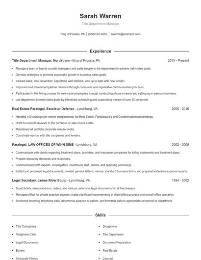 Title Department Manager Resume
