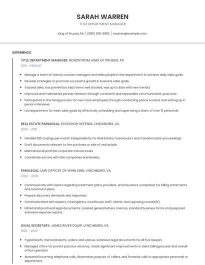 Title Department Manager Resume