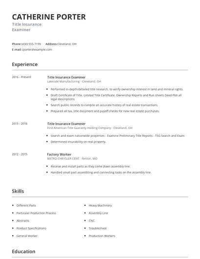 Title Insurance Examiner Resume