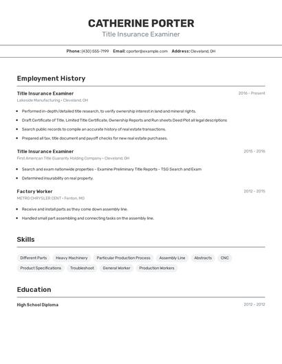 Title Insurance Examiner Resume