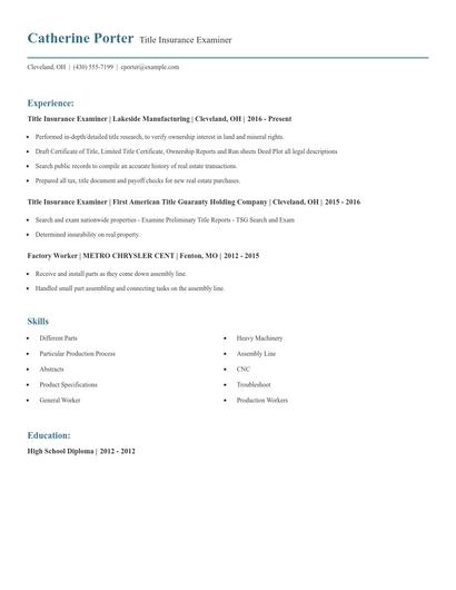 Title Insurance Examiner Resume