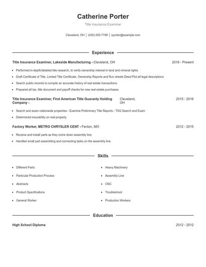 Title Insurance Examiner Resume