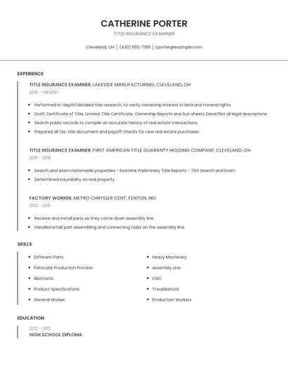 Title Insurance Examiner Resume