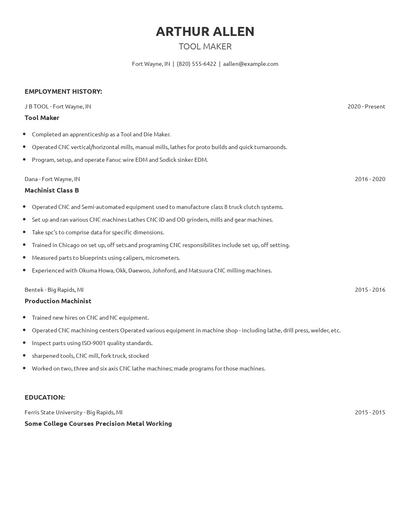 Tool Maker Resume