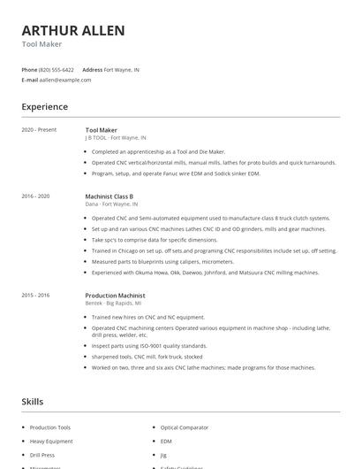 Tool Maker Resume