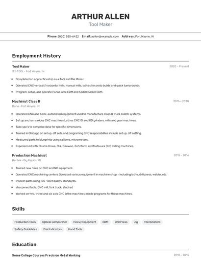 Tool Maker Resume