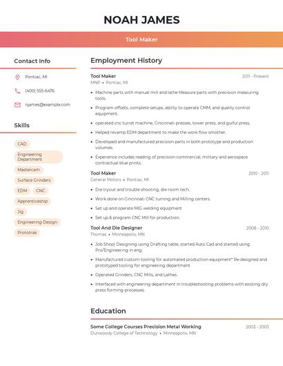 Tool Maker Resume