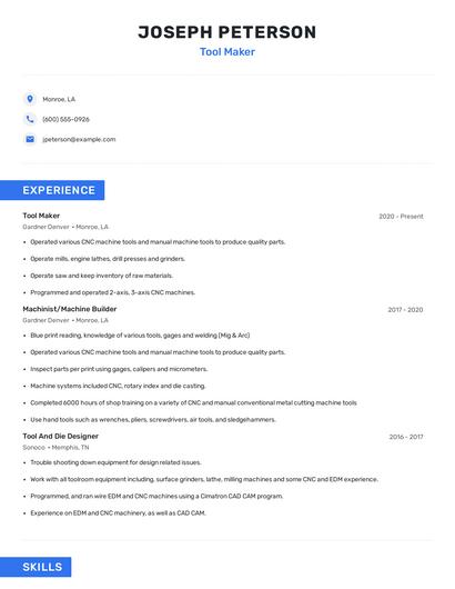 Tool Maker Resume