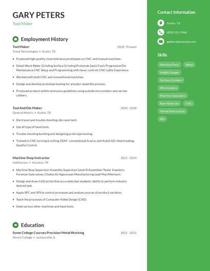 Tool Maker Resume