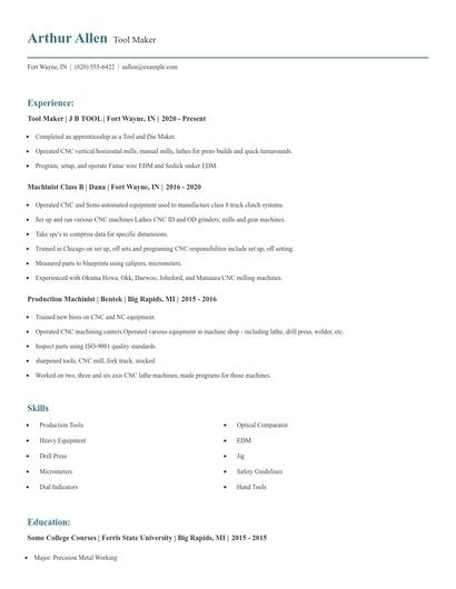 Tool Maker Resume