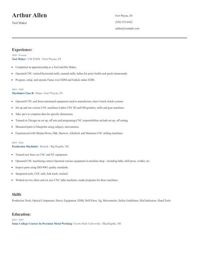 Tool Maker Resume