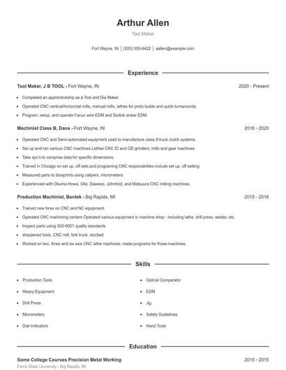 Tool Maker Resume